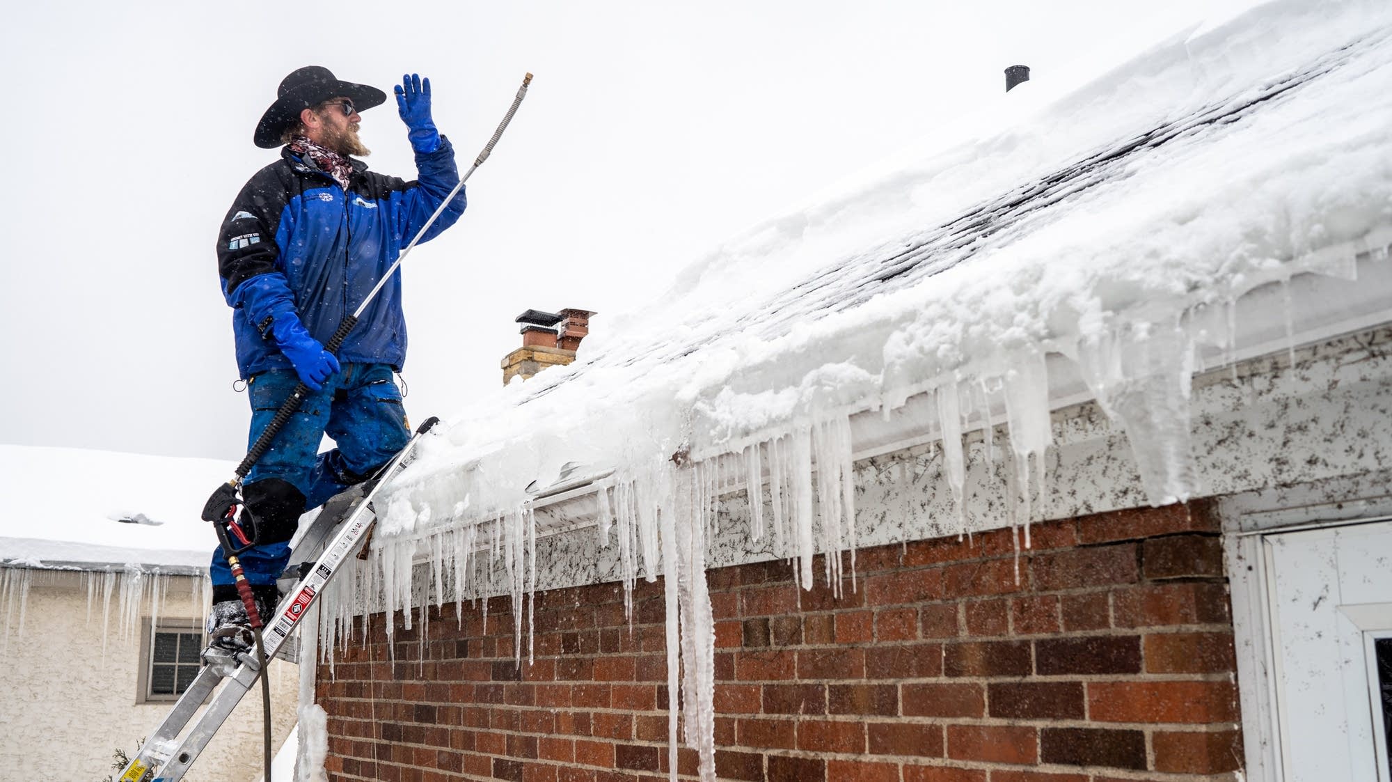 Winter ice buildup on a building exterior